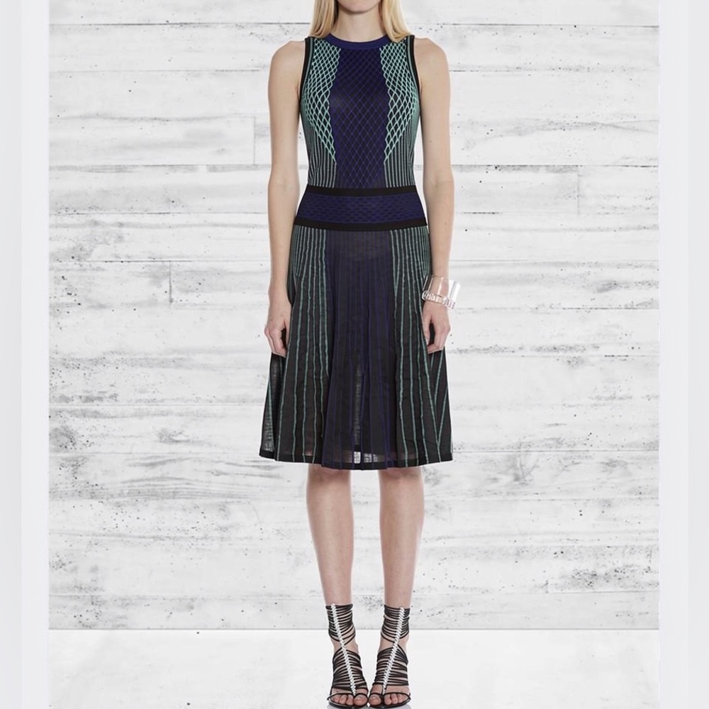 ADORE Teal Blue Honeycomb Mesh Overlay Knit Fit & Flare Dress